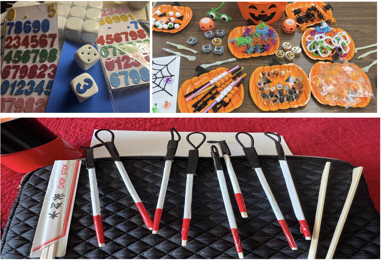 Three pictures showcase adapted dice with large print tactile number stickers and tactile dots, tactile sorting with Halloween toys and treats, and chopsticks that have been converted into tiny white canes with textured tape and cords.