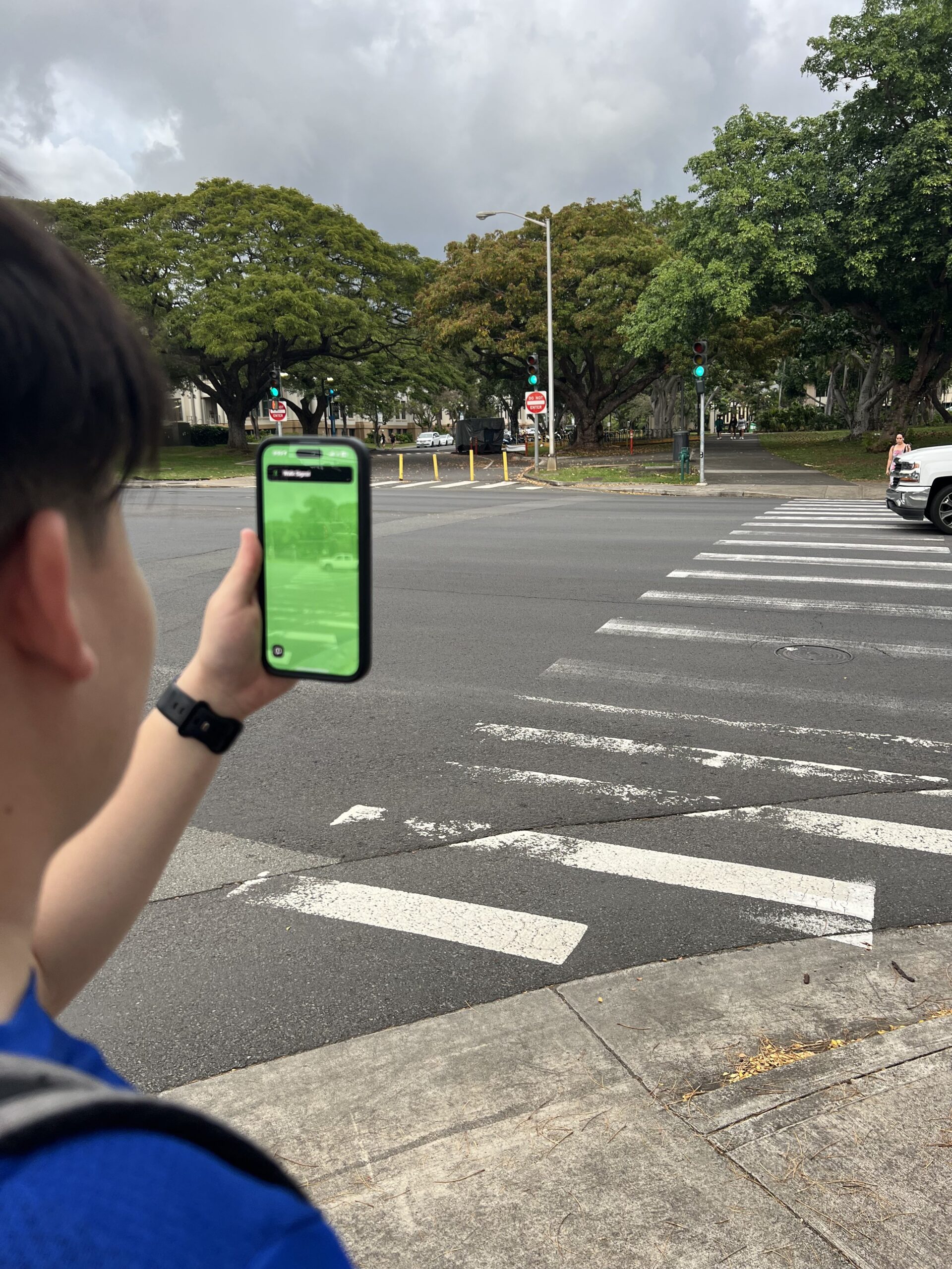 Man using OKO app on phone to check pedestrian crossing signals